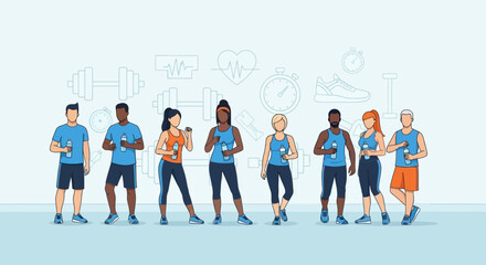 Obraz premium Diverse Group Demonstrates Vitality with Hydration and Wellness Imagery Illustrative Concepts