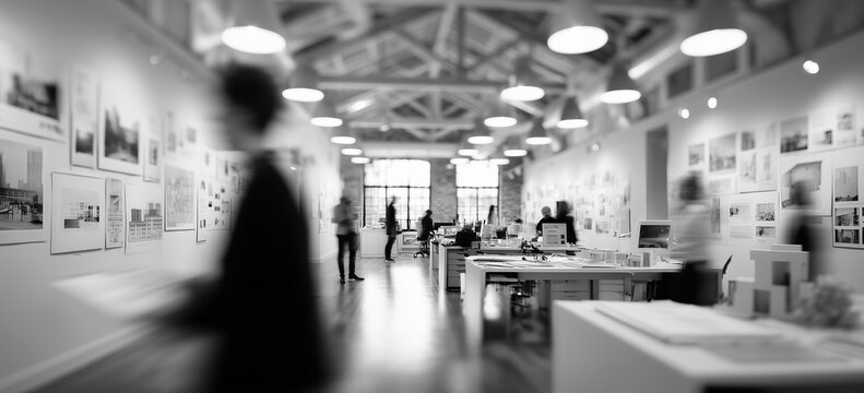 Fototapeta Black and white photo of a contemporary architecture office, showing people moving and working with architectural drawings.