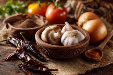 common Mexican cuisine onions peppers fungi garlic tomatoes