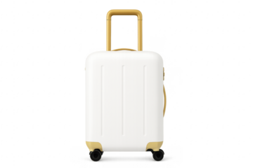 White Suitcase with Gold Details Standing on Transparent Background