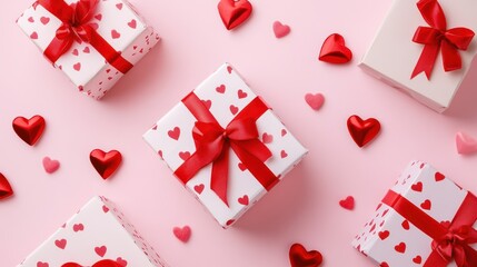 Festive gift boxes with red ribbons, hearts, and pink background.