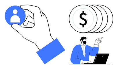 Hand holding profile icon, businessman analyzing with laptop, and stacked coins emphasize hiring, recruitment, financial decisions, leadership, team management, talent acquisition. Ideal for HR