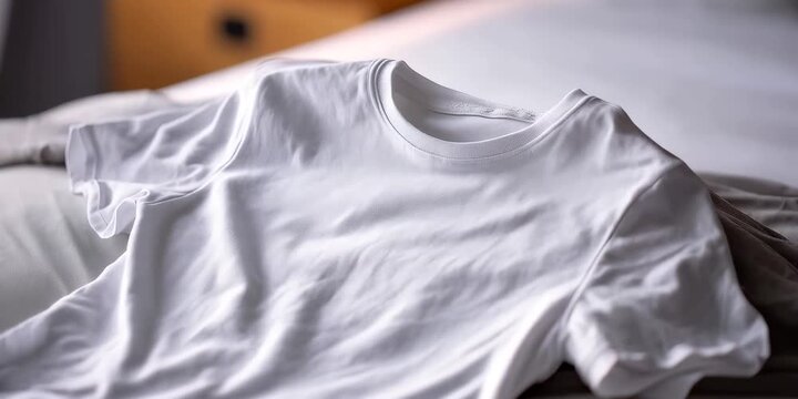 White cotton t-shirt lying on bed with soft folds of fabric, minimalistic clothing concept, comfortable textile fashion background for apparel and lifestyle design themes