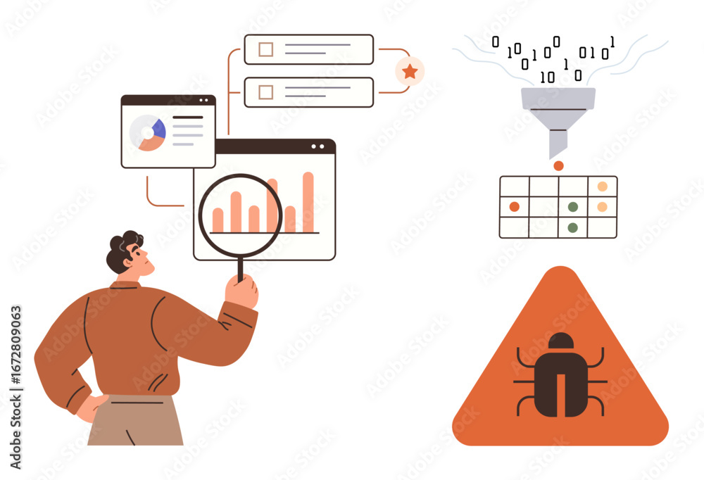 Poster man examining data charts with magnifying glass, binary funnel processing, spreadsheet, and bug warn