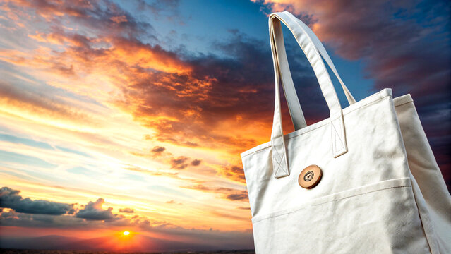 White cotton reusable bag against colorful sunset sky - Powered by Adobe