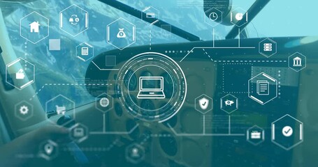 Opening cockpit view over mountains showing HUD icons linking then receding visualizing flight data - Powered by Adobe