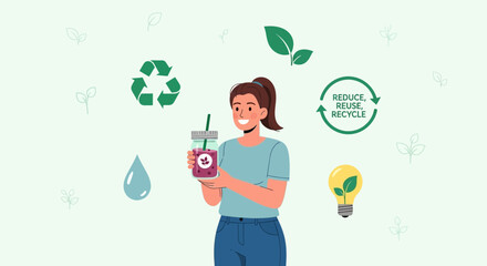 Fototapeta premium Eco-Friendly Lifestyle Depicted With Girl Holding Beverage Promoting Sustainability