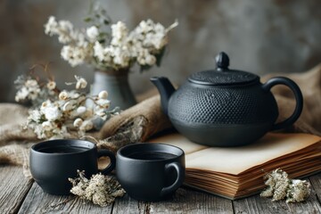Dark teapot pair of cups tea assortment blossoms aged empty book on wooden surface Menu recipe template
