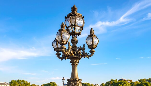 Ornate Parisian Street Lamp Against a Bright Blue Sky.