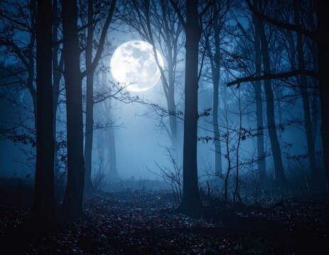 A large full moon shines through silhouetted trees in a dark, spooky, and foggy forest at night.