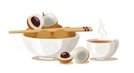Exquisite Illustration Of Fresh Longan Fruits With Aromatic Tea In A Traditional Setting