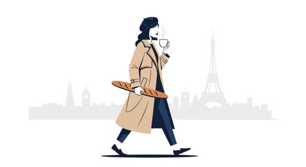 Elegant Parisian Woman Strolling With Baguette And A Coffee, Stylish Illustration