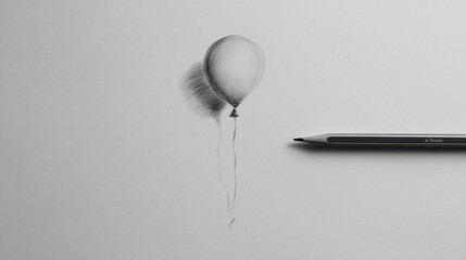 A sketched balloon floating on a page, beside a pencil in grayscale artistry