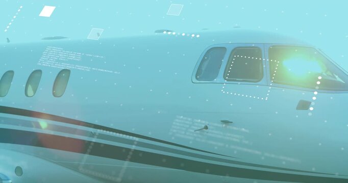camera tracking shot moving along jet fuselage, animating code grid squares, highlighting sensors