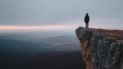 Solitary figure stands on a rocky cliff overlooking vast, misty landscapes at sunrise, symbolizing adventure and introspection.