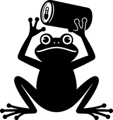 Whimsical black silhouette of a frog raising a refreshing beverage can overhead, a playful amphibian illustration for diverse design concepts