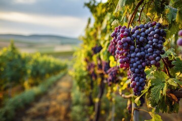 Stunning vineyard scene featuring green grape fields and detailed images of ripe grapes showcasing the beauty of agriculture during harvest and winemaking