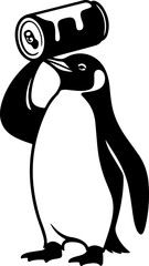 Black silhouette of a cheerful penguin enjoying a refreshing drink from an aluminum can, a symbol of cool hydration and leisure