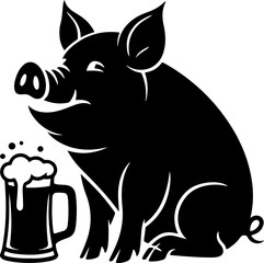 Charming Black Pig Silhouette Enjoying a Frothy Beer Pint, Perfect for Pubs and Breweries