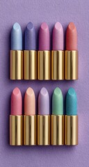 Obraz premium Ten pastel lipsticks, gold casings, purple background