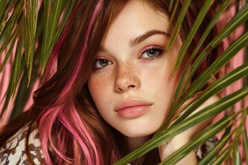 Naklejka premium Close up studio portrait of a young woman with long pink and brown hair made up surrounded by palm leaves Adjusted image