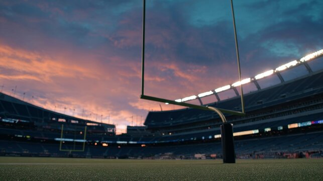 Football goalpost on empty stadium field under dramatic sunset lighting.
