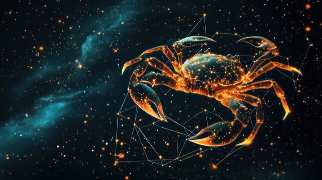 A luminous, digital representation of the zodiac sign cancer against a cosmic backdrop.