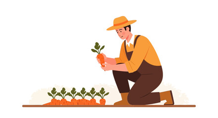 Farmer Harvesting Carrots In The Garden, Illustration Of Agriculture And Healthy Diet