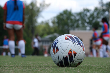 Close-up photo of soccer ball with players in the background