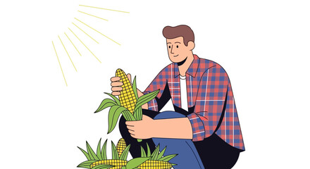 Farmer Harvesting Golden Corn Under the Sunny Rays Of The Day  Agricultural Scene