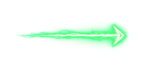 Bright green arrow composed of electric lightning bolts against a dark background