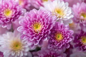 Colorful close up of white pink and yellow chrysanthemums on a floral backdrop