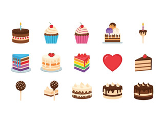 Assorted Cakes: A delightful assortment of cakes, cupcakes, cake pops, and a heart shape, all exquisitely illustrated in a vibrant and eye-catching style. A sweet visual feast for the eyes.