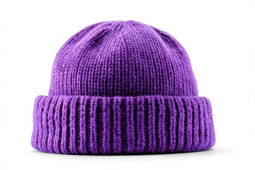 purple knit hat on white background