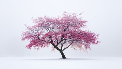 Obraz premium A solitary tree, its branches adorned with pink and orange hues, stands in a snowy field shrouded in a thick fog, creating a serene and ethereal winter scene