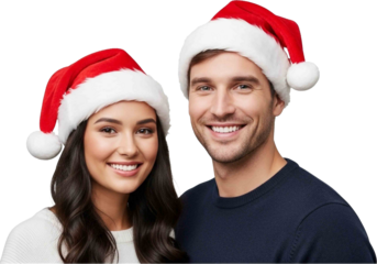 Happy Young Couple Wearing Santa Hats Enjoying the Holiday Season Together