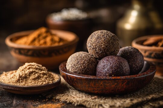 Finger millet laddus and cookies made with sugar and ghee a nutritious Indian snack served in a bowl or plate with whole and powdered millet