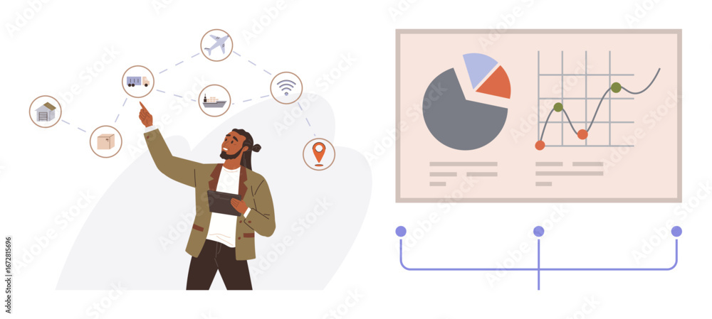 Poster man interacting with connected icons thumbs up home, airplane, wireless, and shopping cart. beside h