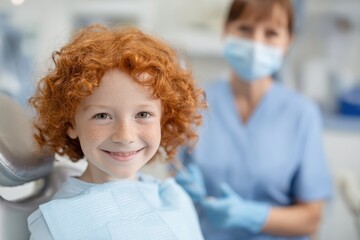 Obraz premium A young red haired girl accompanies her mom at the dentist where a smiling African pediatric dentist in blue attire uses a UV lamp for a filling