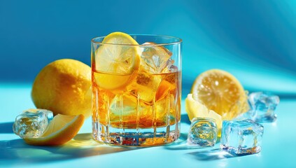 Whiskey drink in a glass with lemons and ice
