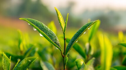 Fototapeta premium Close-up of fresh tea leaves with morning dew in soft natural light, botanical setting. 