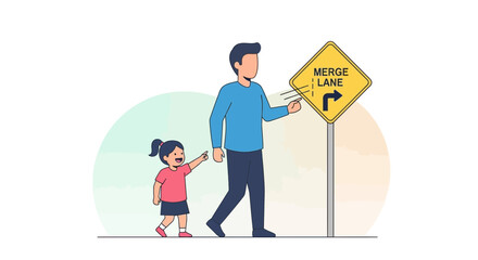 Father And Daughter Pointing At A Road Sign Indicating Merge Lane Directional Guidance