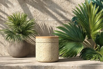Cylindrical container on stone ledge, flanked by potted plants, sunlit