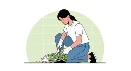 Female Prepares Fresh Vegetables For Culinary Delights In A Minimalistic Illustrated Style