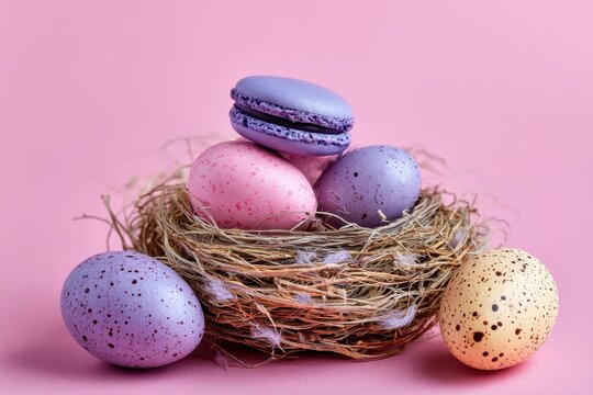 Colorful macaroons and chocolate eggs in decorative paper on a light pink background Side view with copy space still life Easter breakfast theme