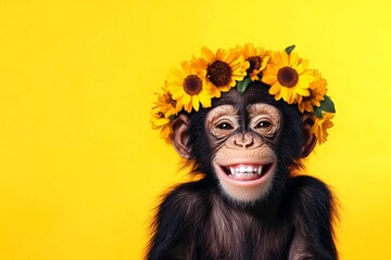 Isolated yellow background, copy space, commercial visual idea art. Cute baby animal chimpanzee wearing feral flower crown on its head - symbol of sunny summertime. Animal wearing flower crown.