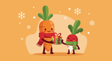 Fototapeta premium Friendly Carrot And Radish Exchange A Present During A Joyful Winter Celebration