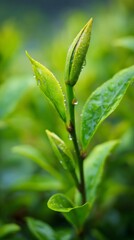 Obraz premium Close-up of fresh tea leaves with morning dew in soft natural light, botanical setting. 