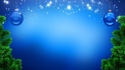 Christmas background with pine branches, blue baubles and glowing stars on gradient backdrop, festive seasonal holiday frame template for greeting cards, posters, banners, invitations and celebration 