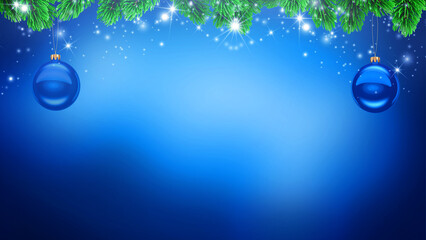 Christmas background with pine branches, blue baubles and glowing stars on gradient backdrop, festive seasonal holiday template for greeting cards, posters, banners, invitations and celebration design